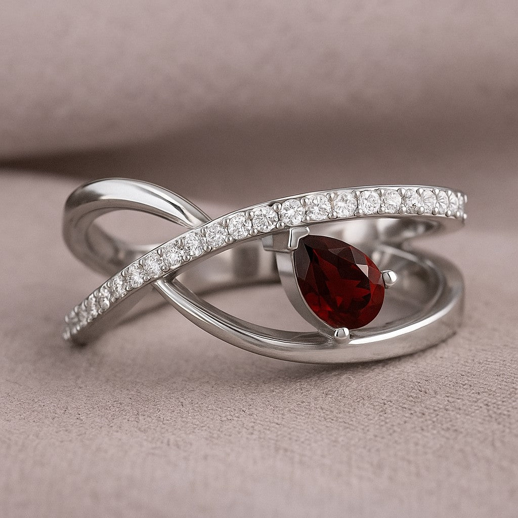 Bypass Pear Solitaire Ring | Sterling Silver Birthstone Ring | Genuine Gemstone & Diamond Studded Ring | Personalized Promise Ring | Gift for Her