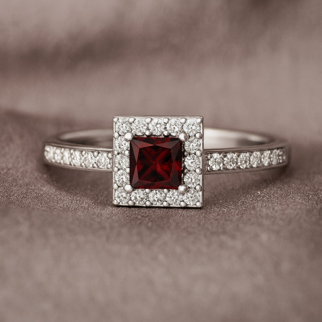 Princess Halo Solitaire Ring | Sterling Silver Birthstone Ring | Genuine Gemstone & Diamond Studded Ring | Personalized Promise Ring | Gift for Her