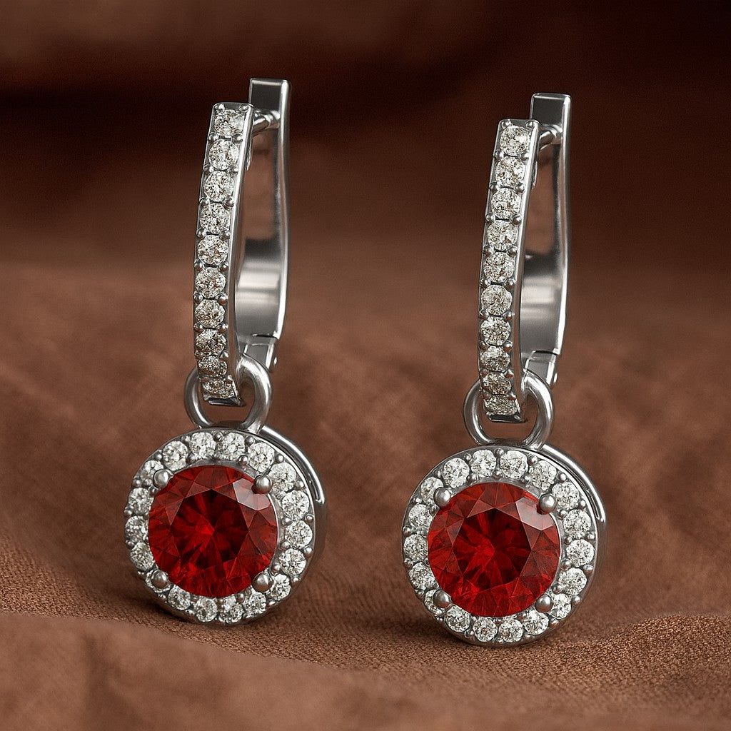 Round Halo Drop Earrings | 925 Sterling Silver Birthstone Stud Earrings | Diamond Accent Gemstone Earrings | 15 Birthstone Options | Gift for Women