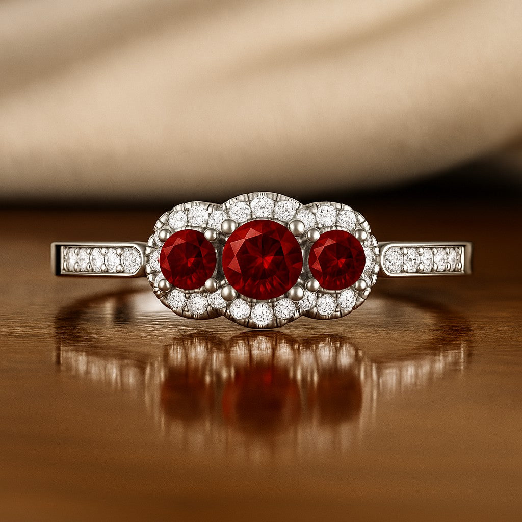 Trilogy Halo Ring | Sterling Silver Birthstone Ring | Genuine Gemstone & Diamond Studded Ring | Personalized Promise Ring | Gift for Her