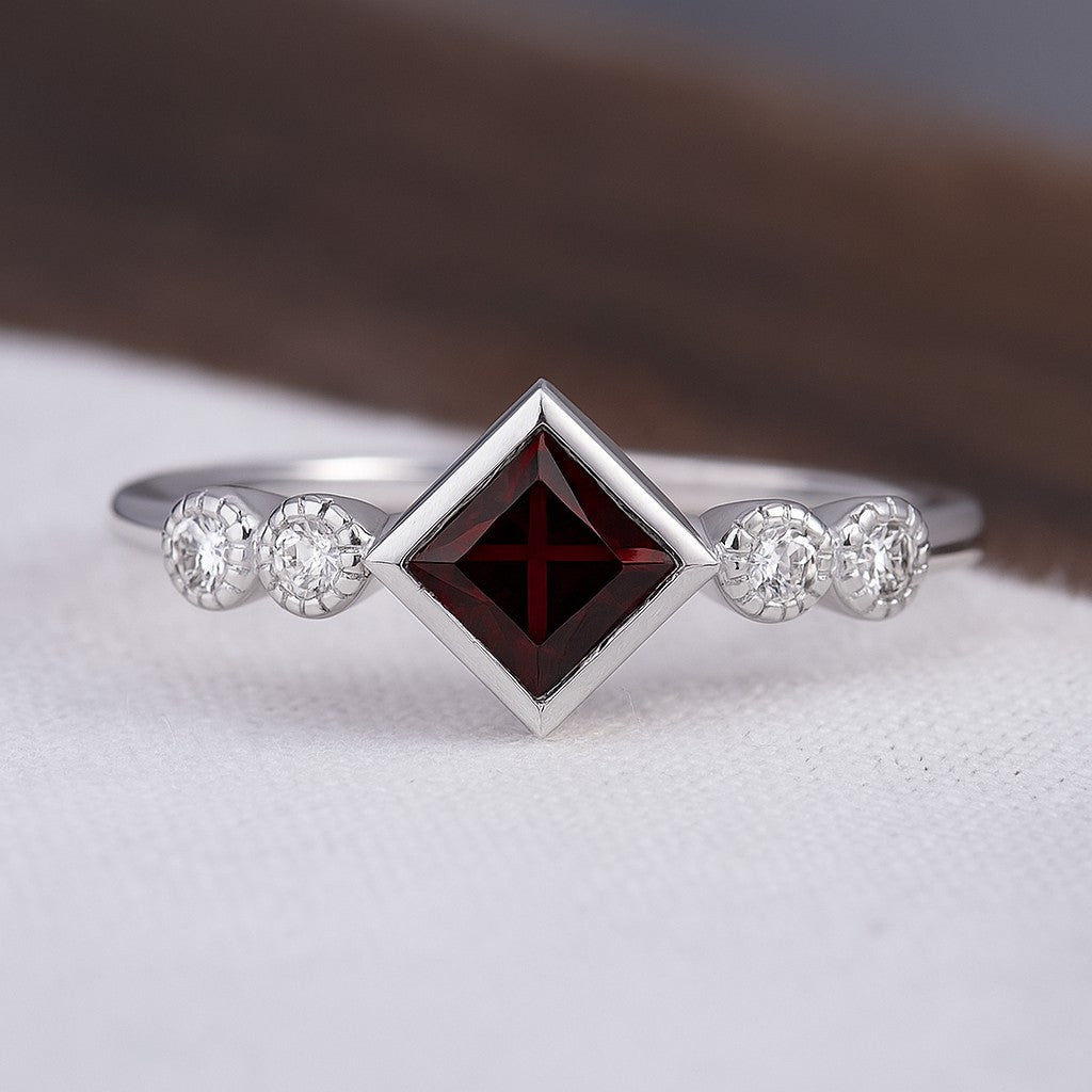 Princess Cut Bezel Three-Stone Ring | Sterling Silver Birthstone Ring | Genuine Gemstone & Diamond Studded Ring | Personalized Promise Ring | Gift for Her