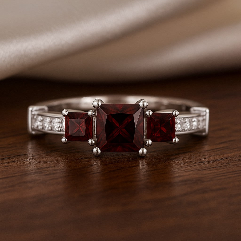 Princess Cut Three-Stone Ring | Sterling Silver Birthstone Ring | Genuine Gemstone & Diamond Studded Ring | Personalized Promise Ring | Gift for Her