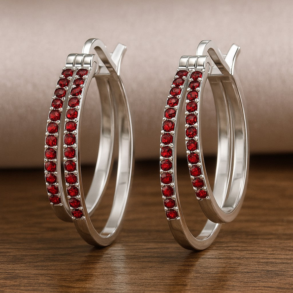 Double Row Hoop Earrings | 925 Sterling Silver Birthstone Stud Earrings | Diamond Accent Gemstone Earrings | 15 Birthstone Options | Gift for Women
