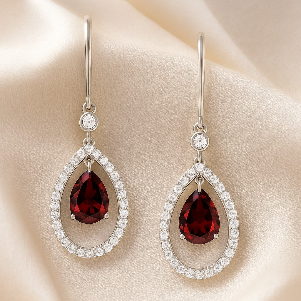 Floating Pear Drop Earrings | 925 Sterling Silver Birthstone Stud Earrings | Diamond Accent Gemstone Earrings | 15 Birthstone Options | Gift for Women