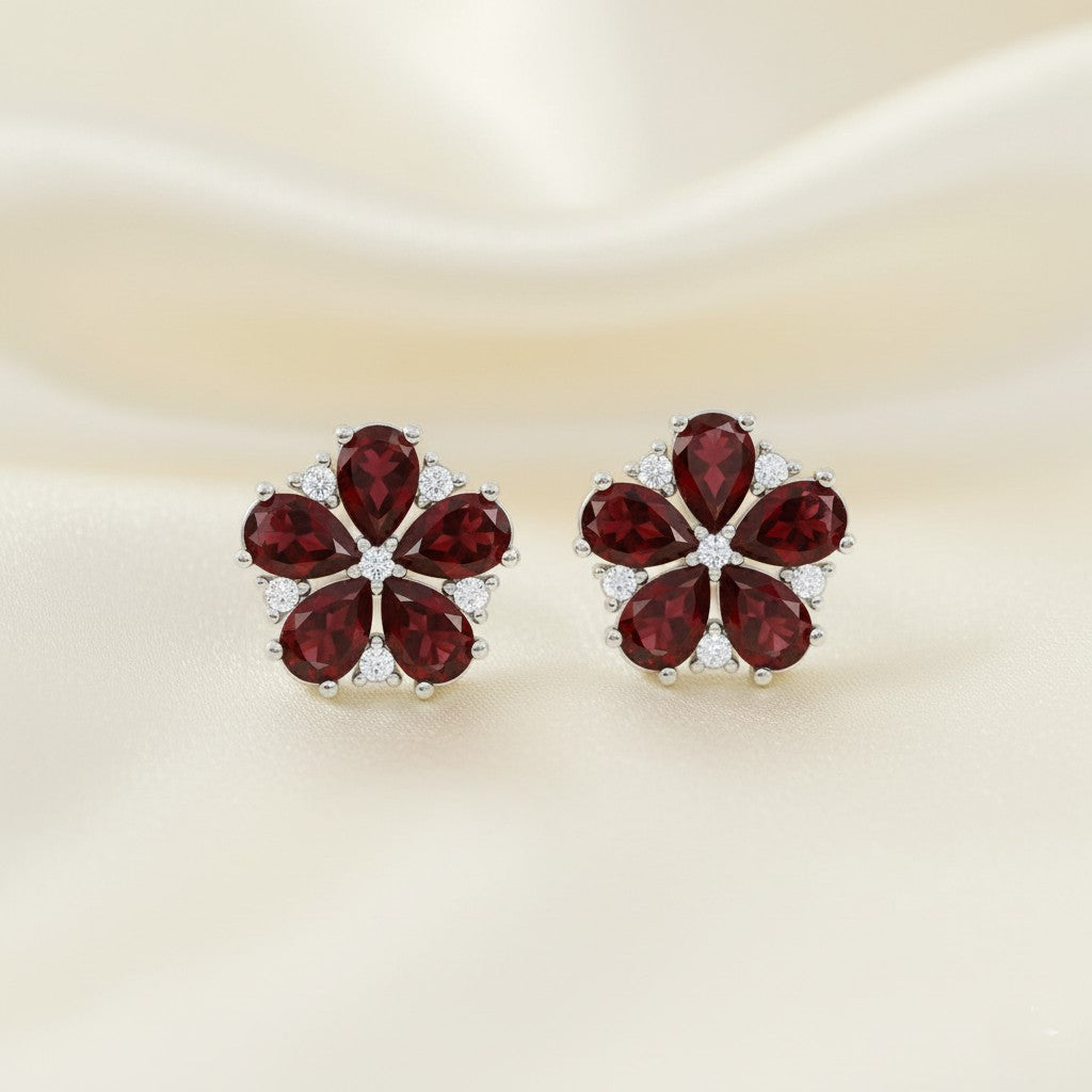 Pear Cut Garnet Gemstones | 925 Sterling Silver Birthstone Stud Earrings | Diamond Accent Gemstone Earrings | 15 Birthstone Options | Gift for Women