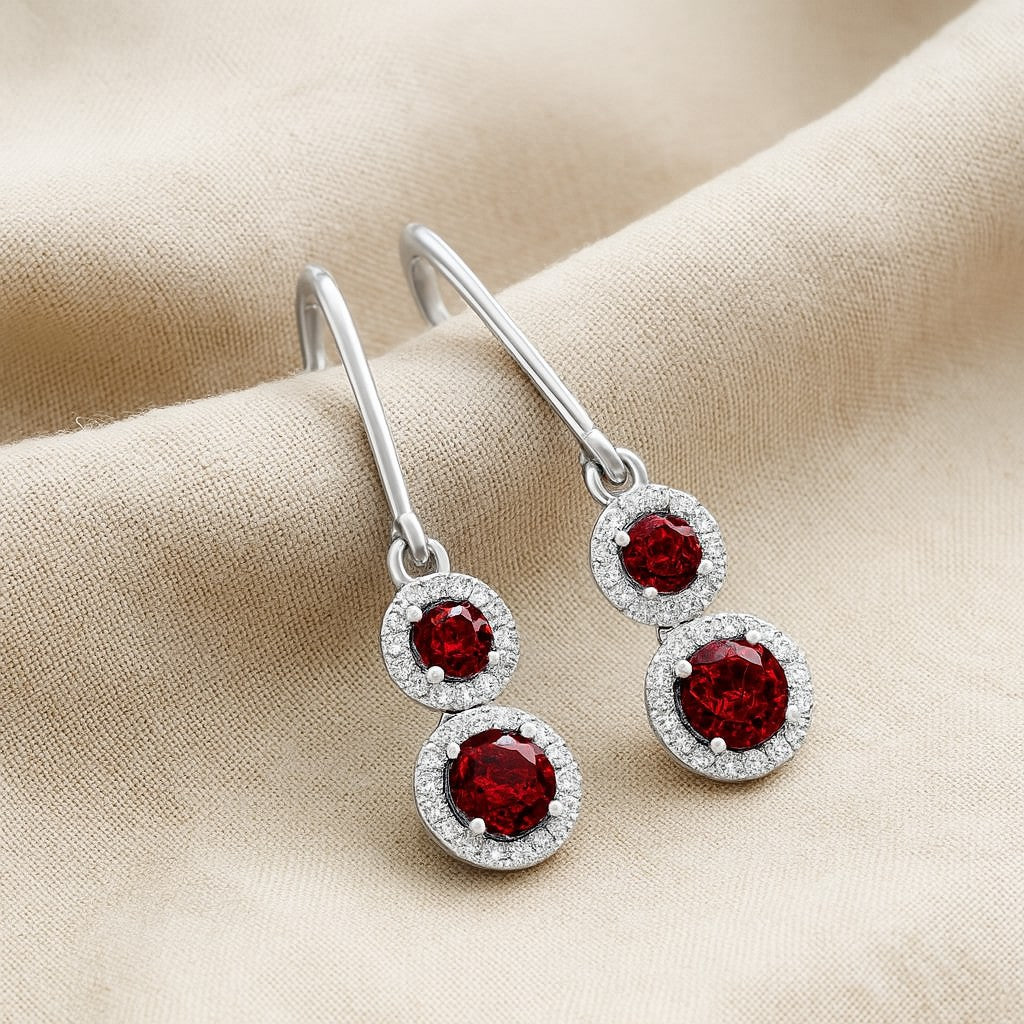 Double Halo Lever back Drop Earrings | 925 Sterling Silver Birthstone Stud Earrings | Diamond Accent Gemstone Earrings | 15 Birthstone Options | Gift for Women