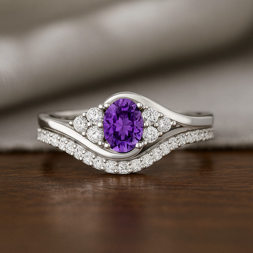 Curved Wedding Band | Sterling Silver Birthstone Ring | Genuine Gemstone & Diamond Studded Ring | Personalized Promise Ring | Gift for Her