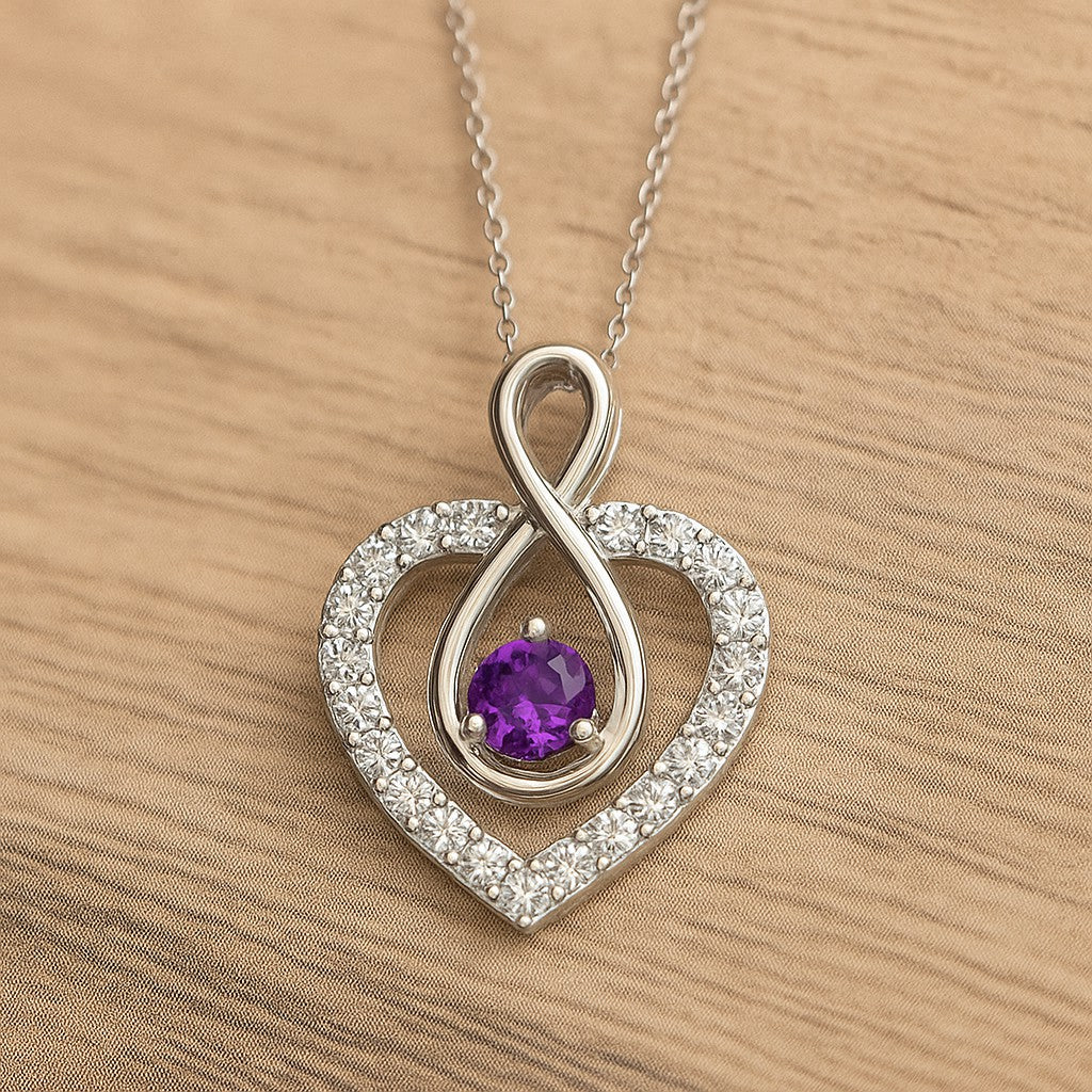 Infinity Heart Pendant | Sterling Silver Birthstone Necklace | Diamond Accent | Adjustable Chain | 15 Gemstone Choices
