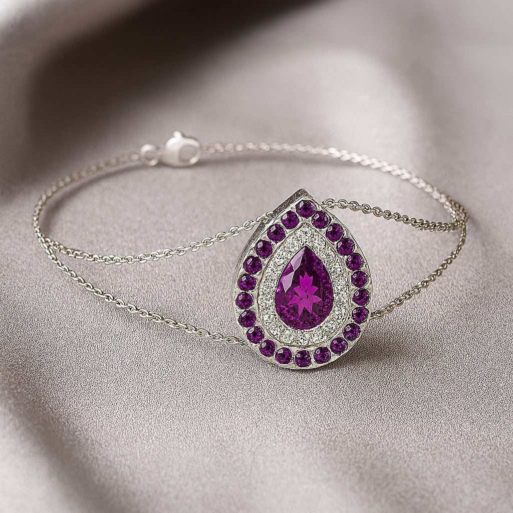 Pear Double Halo Jewelry Component | Sterling Silver Birthstone Bracelet | Adjustable Chain | 15 Gemstone Choices | Personalized Gemstone Bracelet