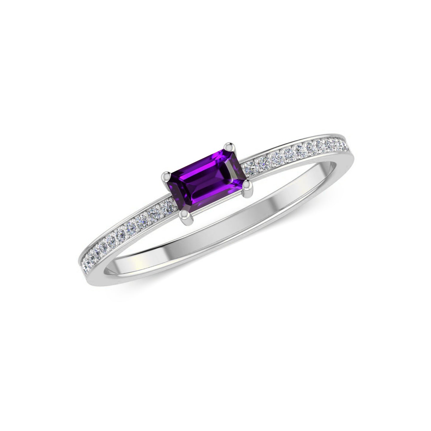 Baguette Solitaire Ring | Sterling Silver Birthstone Ring | Genuine Gemstone & Diamond Studded Ring | Personalized Promise Ring | Gift for Her
