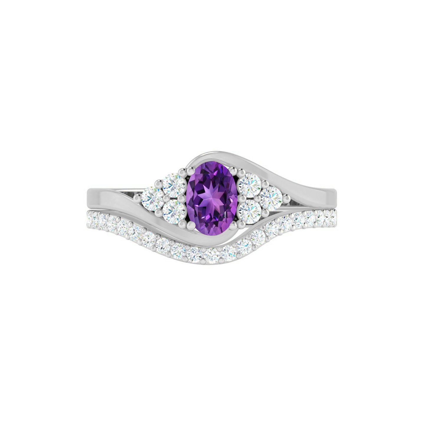 Curved Wedding Band | Sterling Silver Birthstone Ring | Genuine Gemstone & Diamond Studded Ring | Personalized Promise Ring | Gift for Her