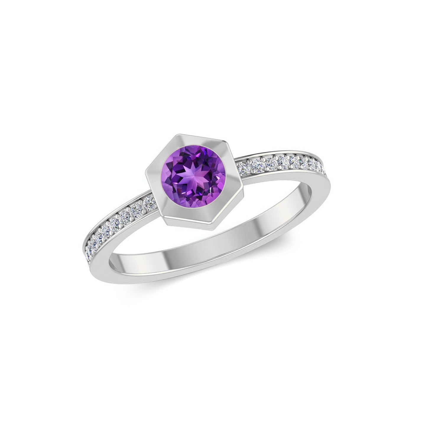 Hexagon Bezel Solitaire Ring | Bezel Halo Solitaire Ring | Sterling Silver Birthstone Ring | Genuine Gemstone & Diamond Studded Ring | Personalized Promise Ring | Gift for Her