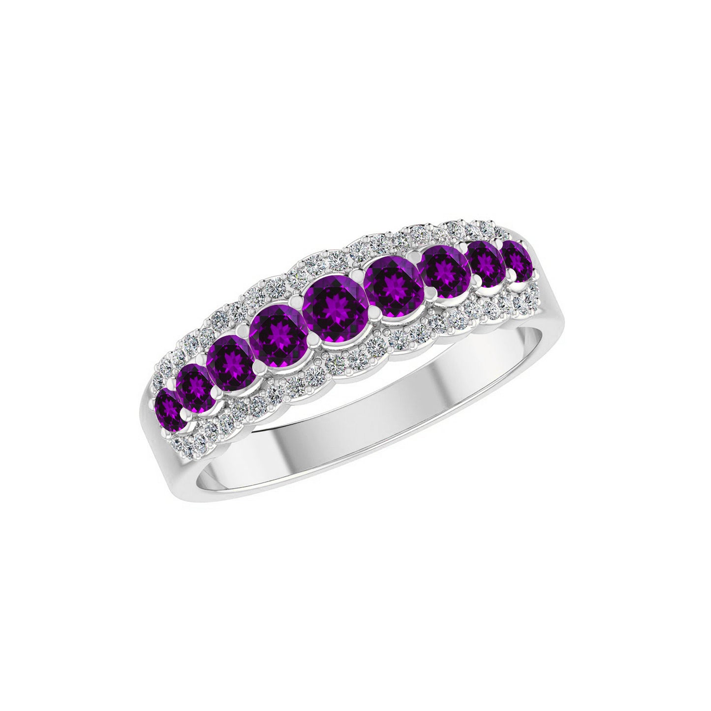 Double Halo Half Eternity Ring | Sterling Silver Birthstone Ring | Genuine Gemstone & Diamond Studded Ring | Personalized Promise Ring | Gift for Her