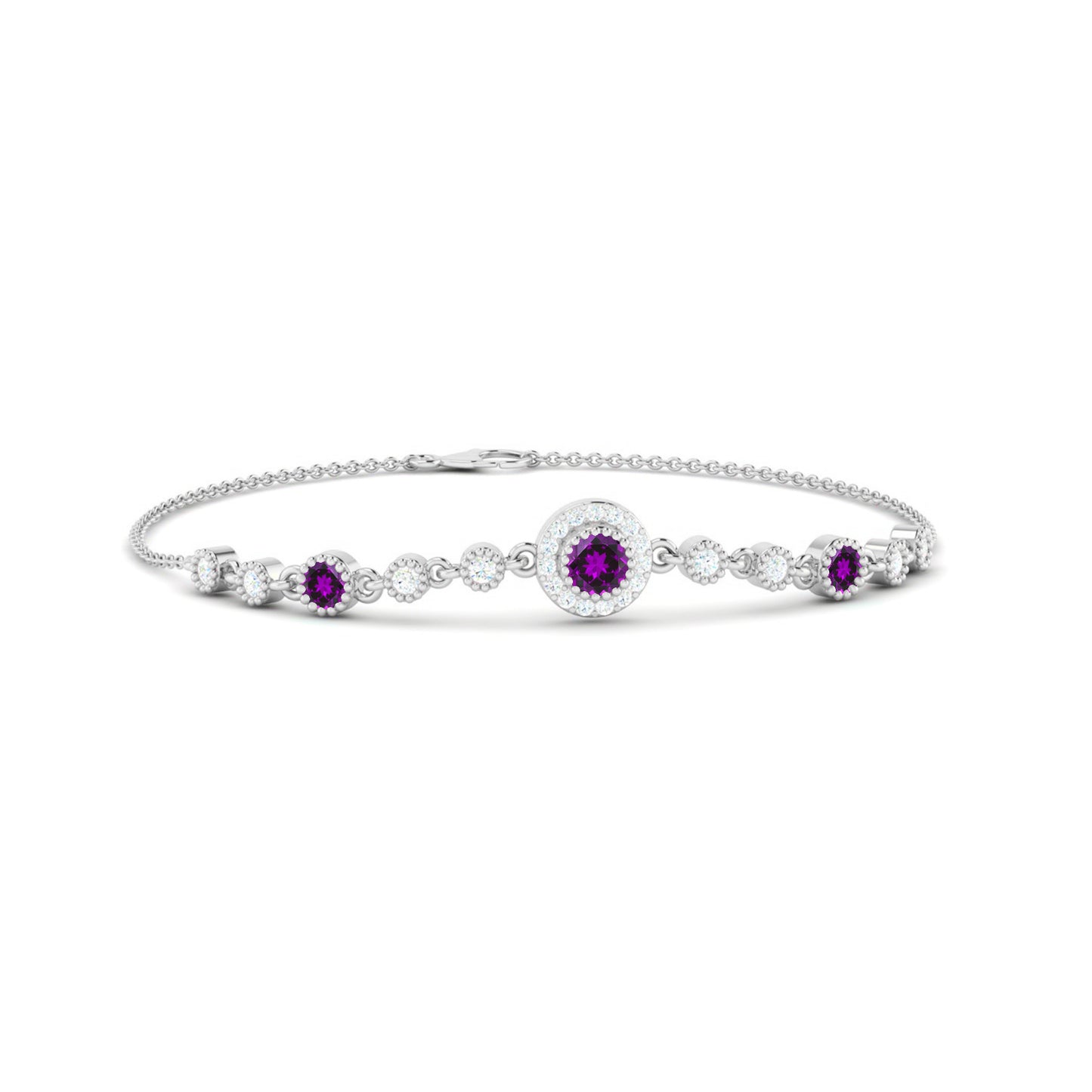 Halo Station Bracelet | Sterling Silver Birthstone Bracelet | Adjustable Chain | 15 Gemstone Choices | Personalized Gemstone Bracelet