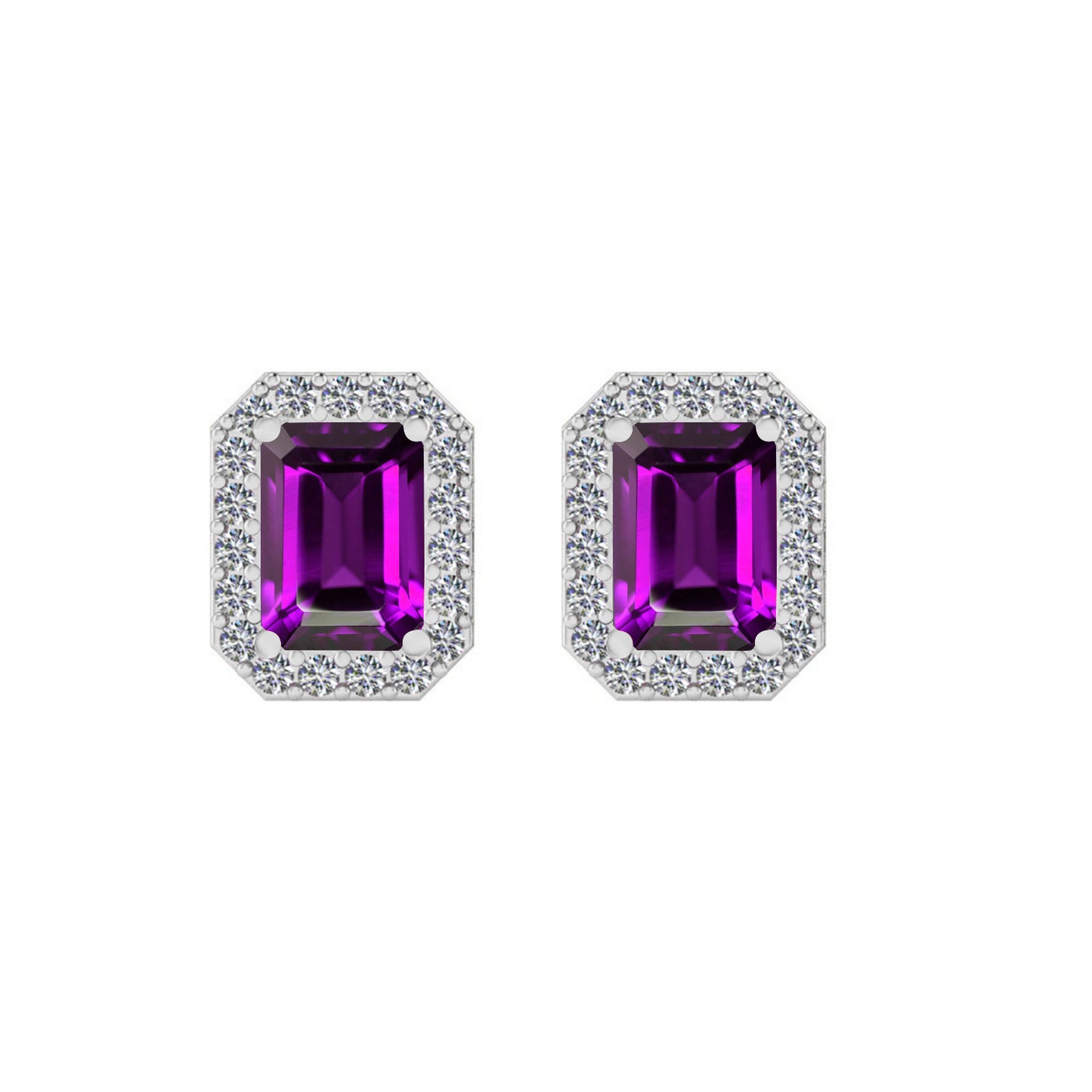 Emerald Cut Halo Stud Earrings | 925 Sterling Silver Birthstone Stud Earrings | Diamond Accent Gemstone Earrings | 15 Birthstone Options | Gift for Women