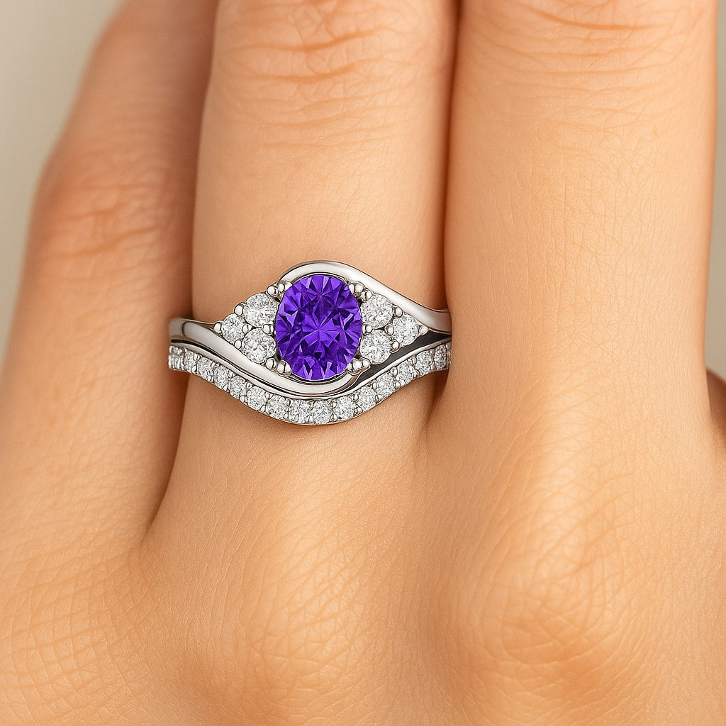 Curved Wedding Band | Sterling Silver Birthstone Ring | Genuine Gemstone & Diamond Studded Ring | Personalized Promise Ring | Gift for Her