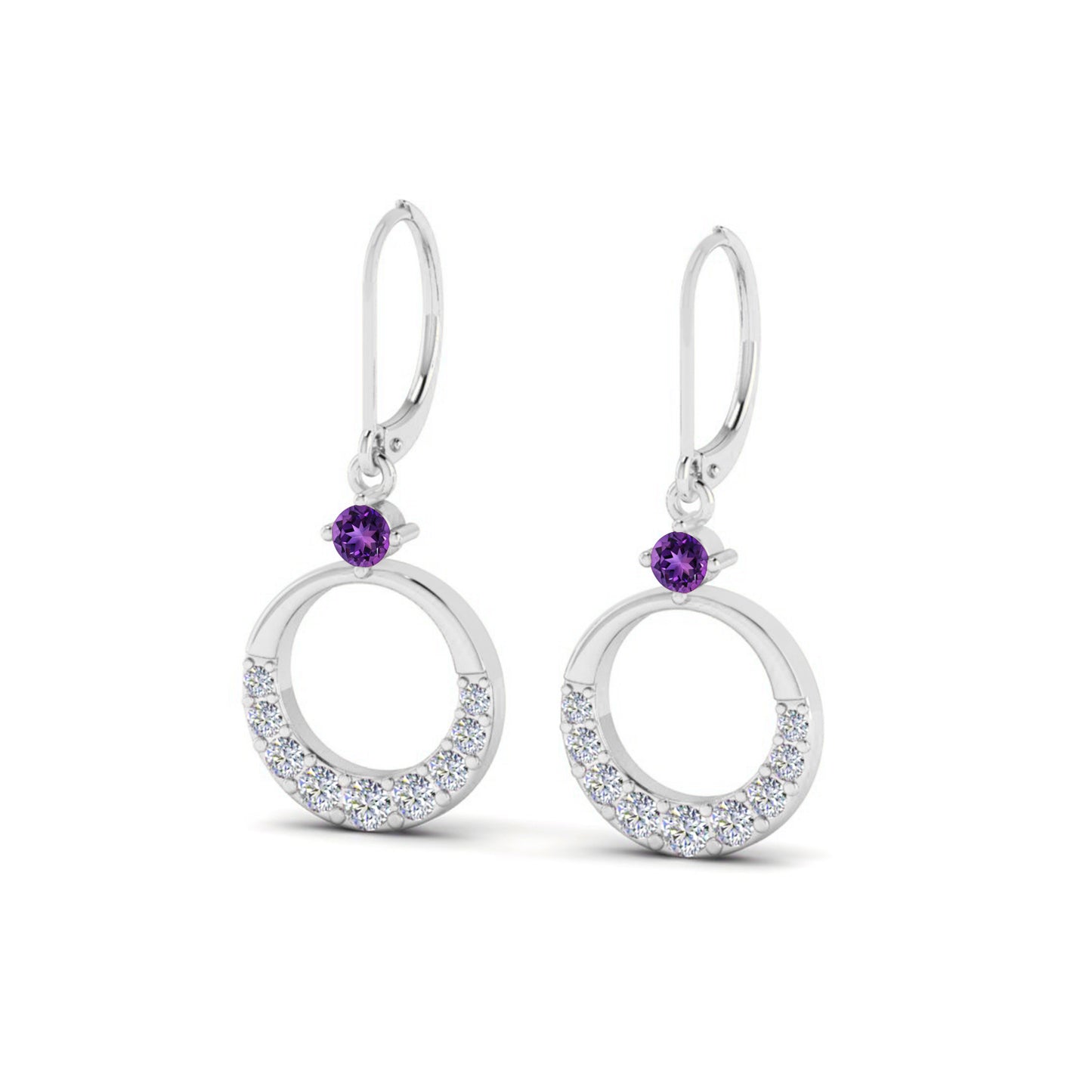 Open Circle Lever back Drop Earrings | 925 Sterling Silver Birthstone Stud Earrings | Diamond Accent Gemstone Earrings | 15 Birthstone Options | Gift for Women