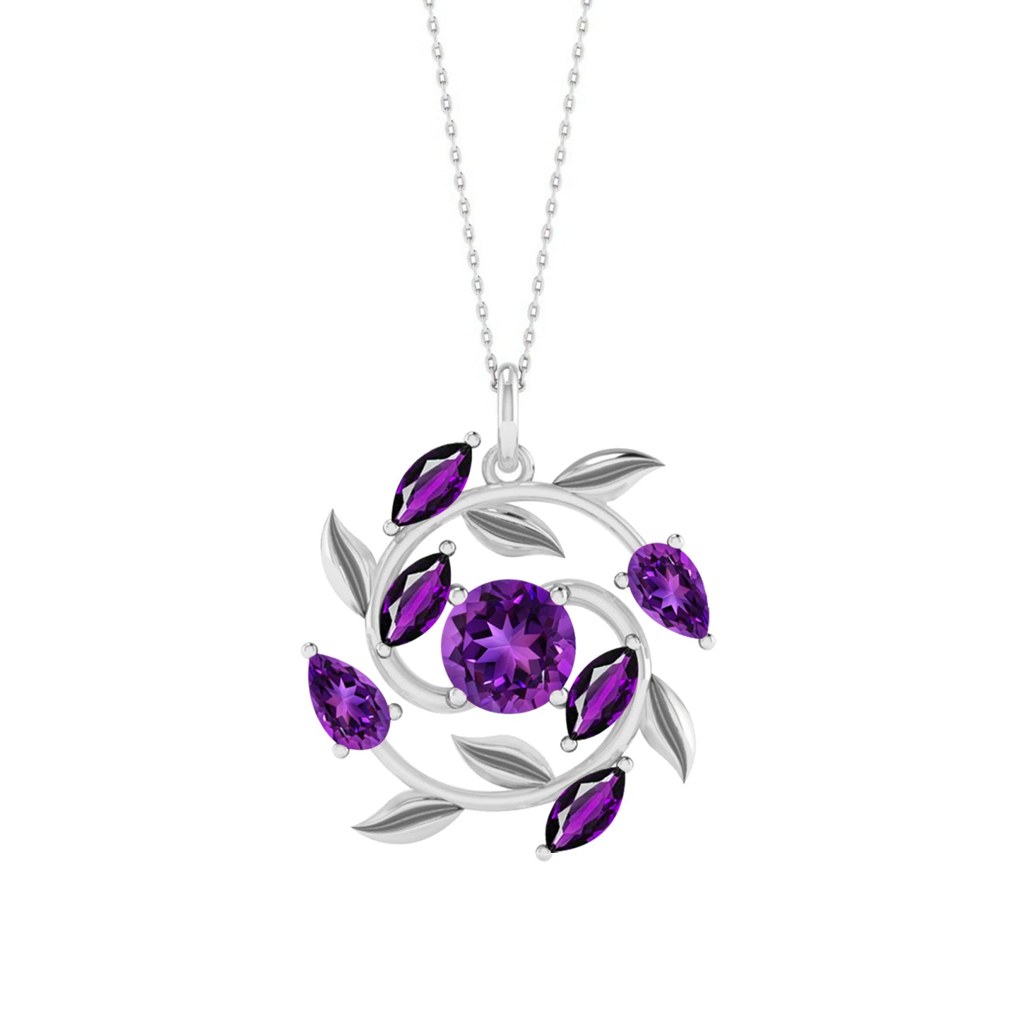 Floral Vine Style Gemstone Pendant | Sterling Silver Birthstone Necklace | Adjustable Chain | 15 Gemstone Choices | Personalized Gemstone Pendant