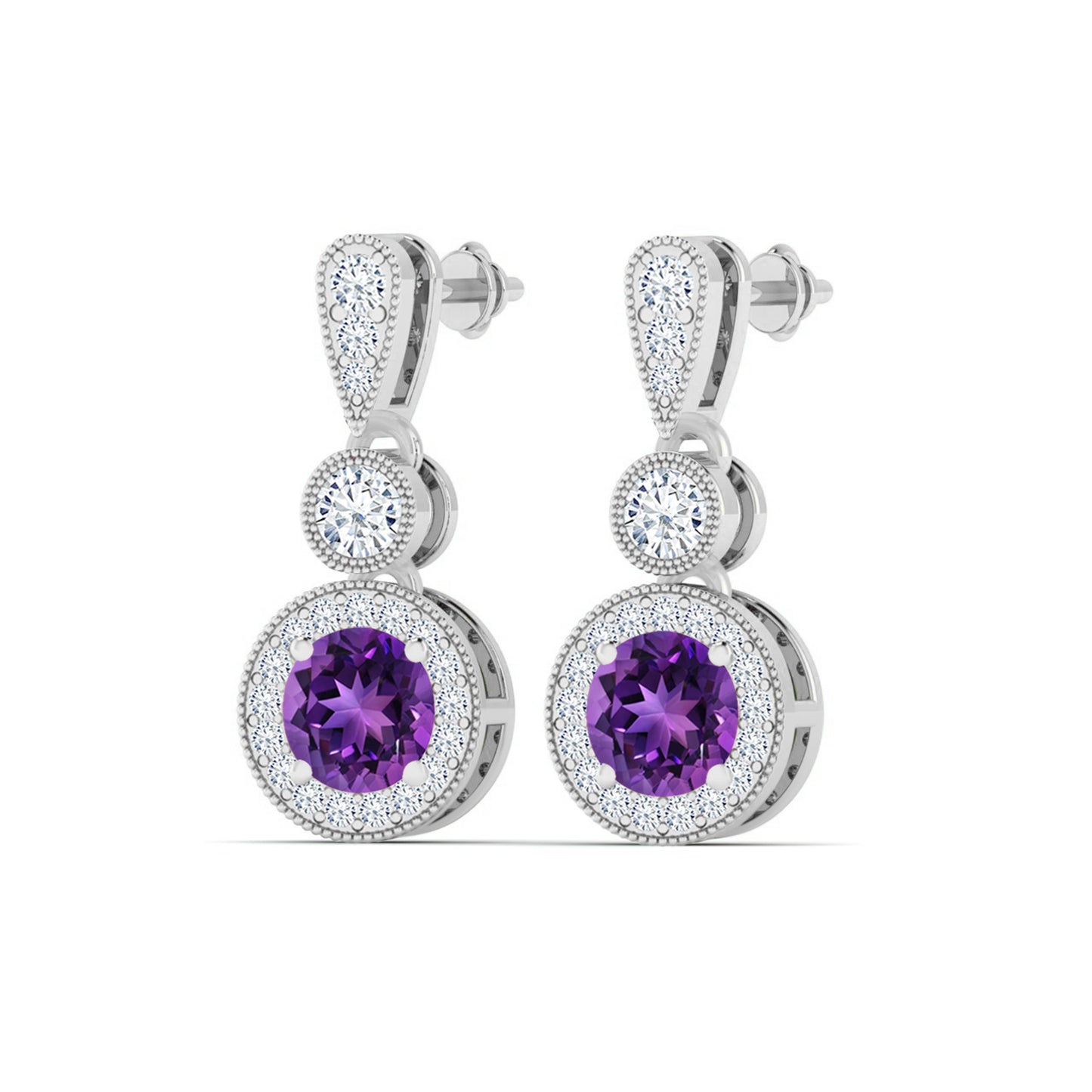 Three-Tier Halo Drop Earrings | 925 Sterling Silver Birthstone Stud Earrings | Diamond Accent Gemstone Earrings | 15 Birthstone Options | Gift for Women