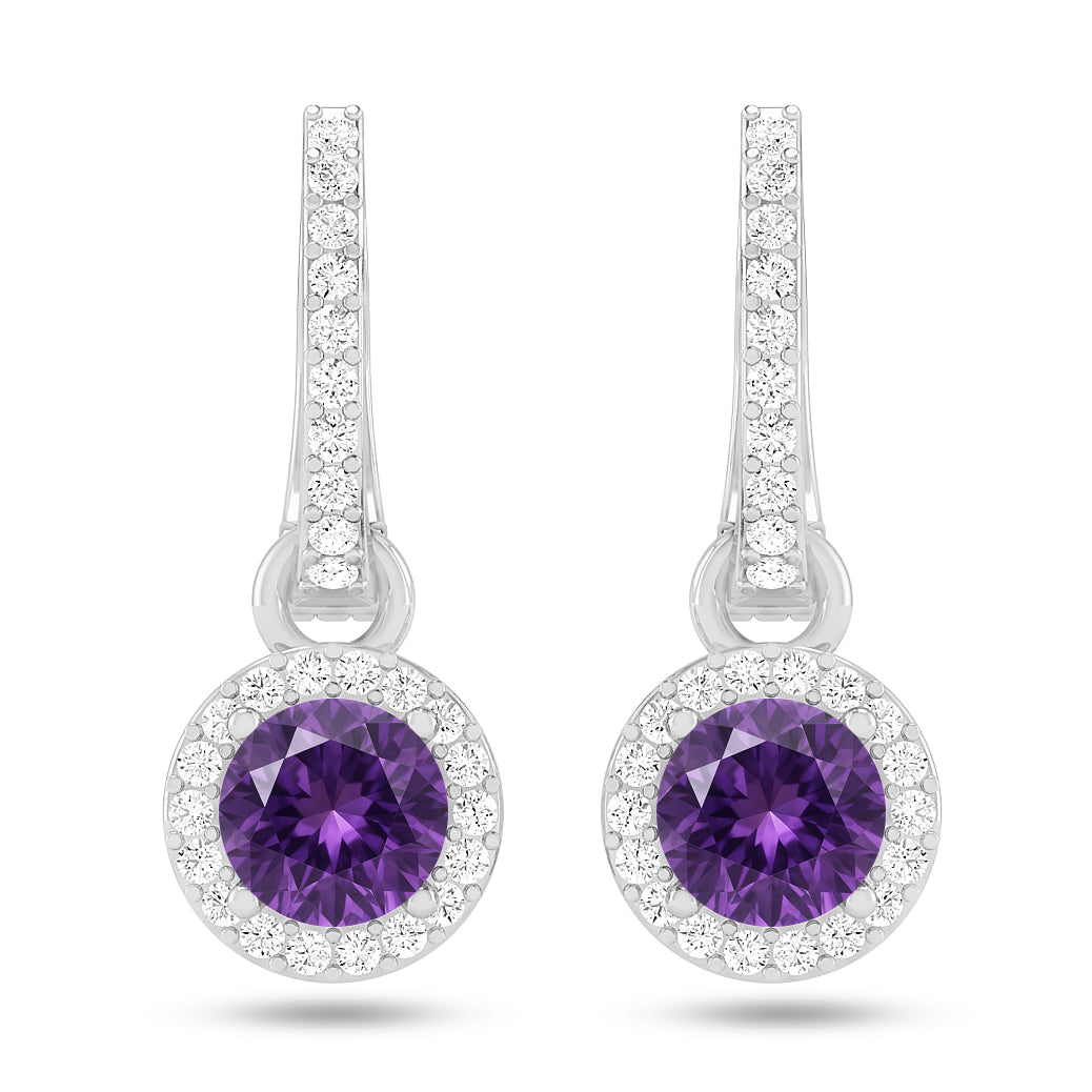 Round Halo Drop Earrings | 925 Sterling Silver Birthstone Stud Earrings | Diamond Accent Gemstone Earrings | 15 Birthstone Options | Gift for Women