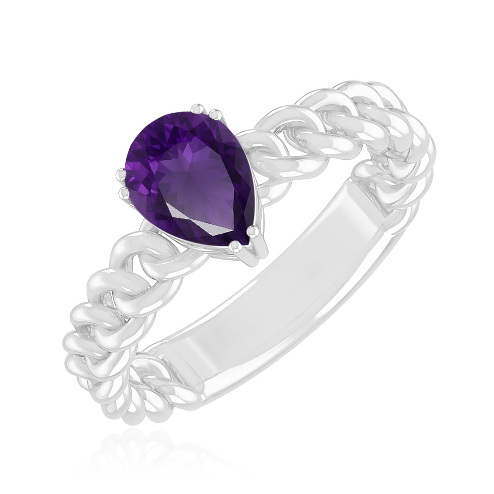 Chain Link Solitaire Ring | Sterling Silver Birthstone Ring | Genuine Gemstone Studded Ring | Personalized Promise Ring | Gift for Her