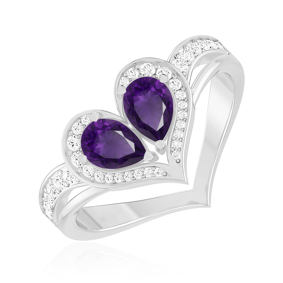 Heart-Shaped Gemstones Ring | Sterling Silver Birthstone Ring | Genuine Gemstone & Diamond Studded Ring | Personalized Promise Ring | Gift for Her