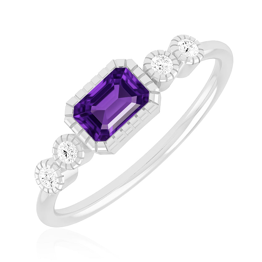 Art Deco Bezel Ring | Sterling Silver Birthstone Ring | Genuine Gemstone & Diamond Studded Ring | Personalized Promise Ring | Gift for Her