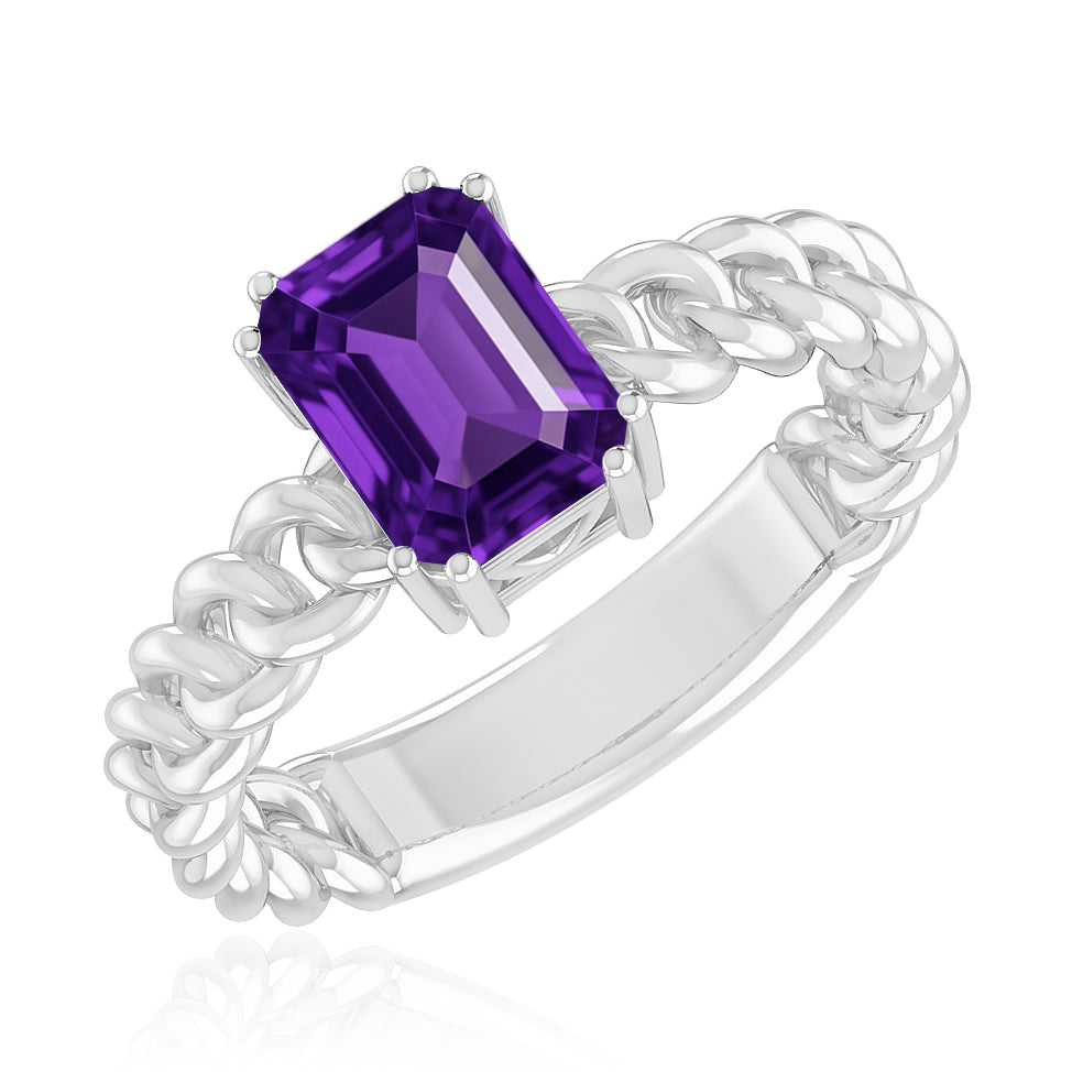 Chain Link Solitaire Ring | Sterling Silver Birthstone Ring | Genuine Gemstone Studded Ring | Personalized Promise Ring | Gift for Her