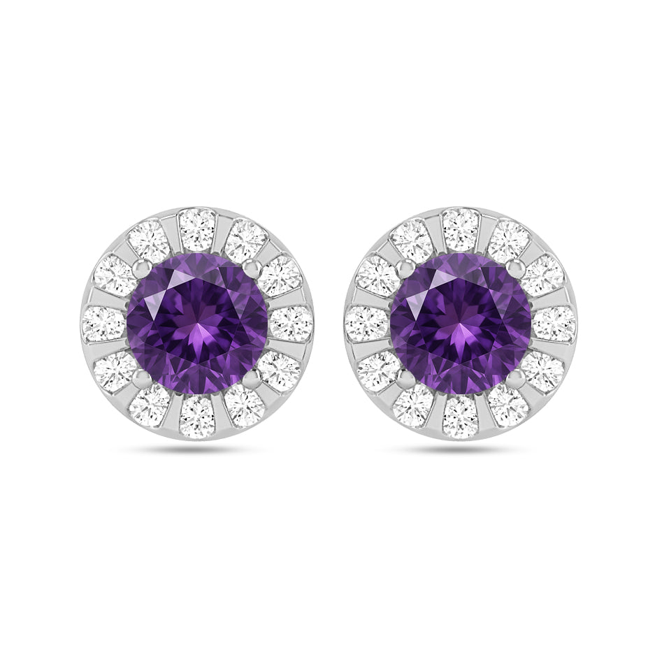 Sunburst Halo Stud Earrings | 925 Sterling Silver Birthstone Stud Earrings | Diamond Accent Gemstone Earrings | 15 Birthstone Options | Gift for Women