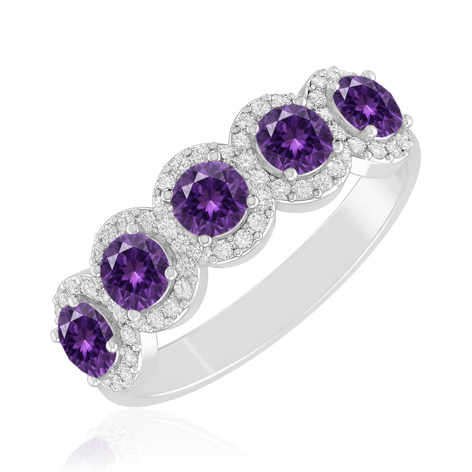 Five Stone Halo Ring | Half Eternity Ring | Sterling Silver Birthstone Ring | Genuine Gemstone & Diamond Studded Ring | Personalized Promise Ring | Gift for Her