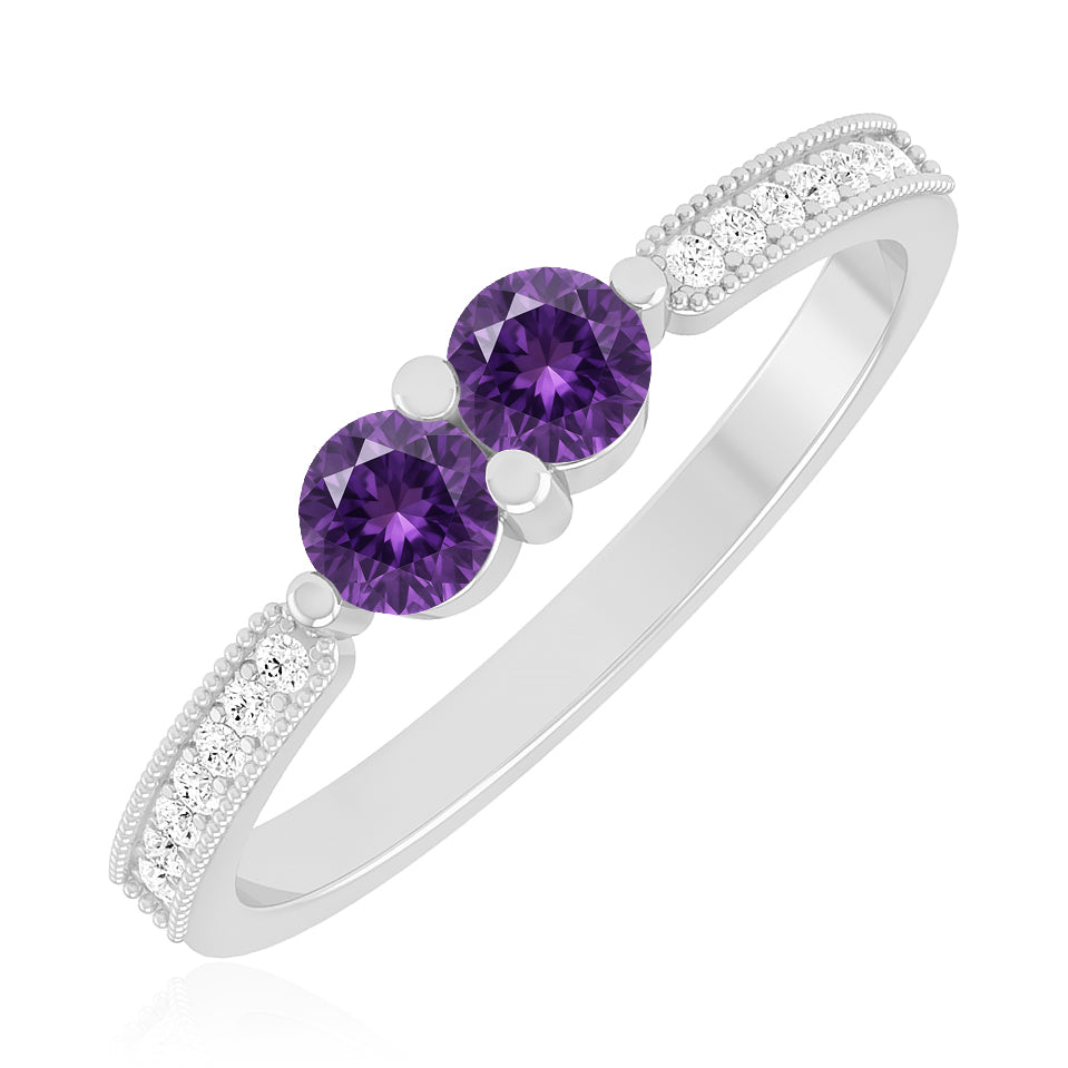 Toi et Moi Ring | Sterling Silver Birthstone Ring | Genuine Gemstone & Diamond Studded Ring | Personalized Promise Ring | Gift for Her
