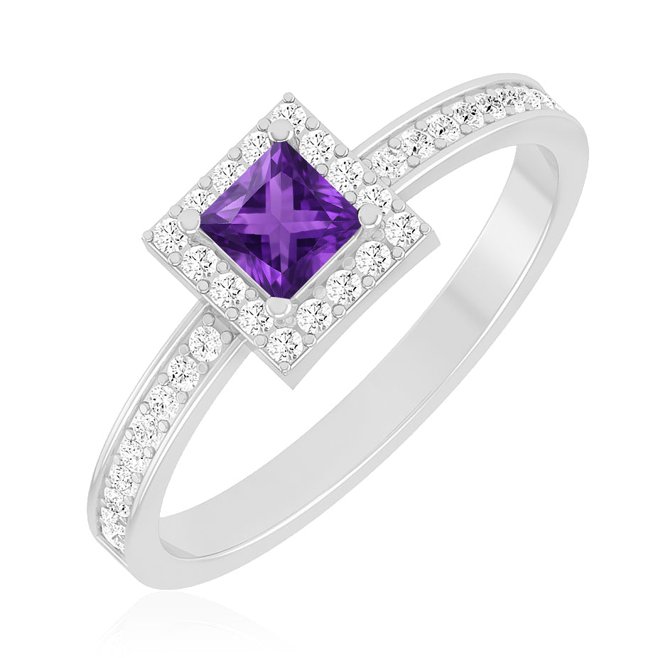 Princess Halo Solitaire Ring | Sterling Silver Birthstone Ring | Genuine Gemstone & Diamond Studded Ring | Personalized Promise Ring | Gift for Her