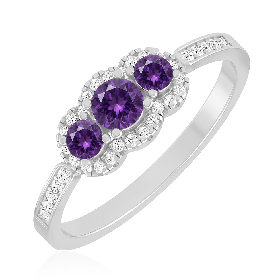 Trilogy Halo Ring | Sterling Silver Birthstone Ring | Genuine Gemstone & Diamond Studded Ring | Personalized Promise Ring | Gift for Her