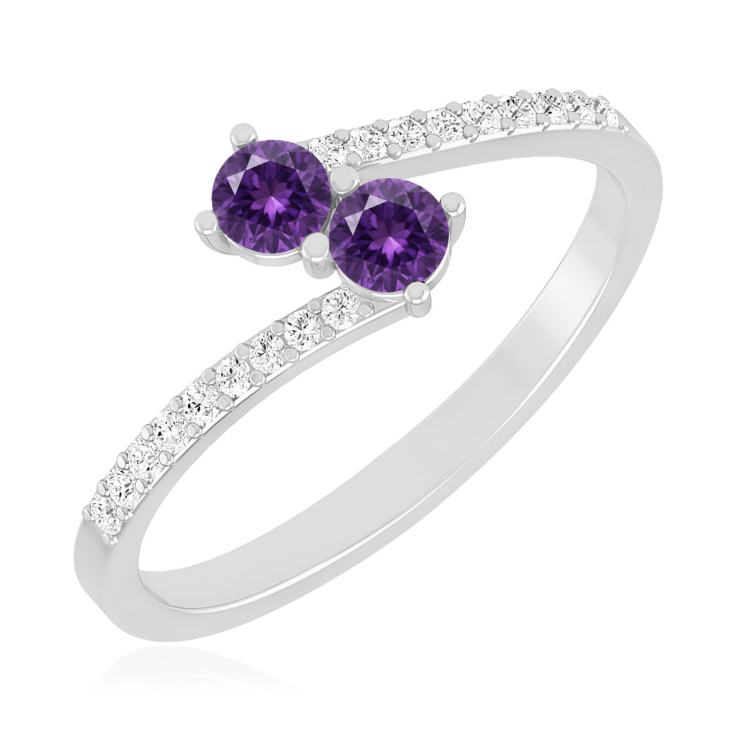 Toi et Moi Ring | Sterling Silver Birthstone Ring | Genuine Gemstone & Diamond Studded Ring | Personalized Promise Ring | Gift for Her