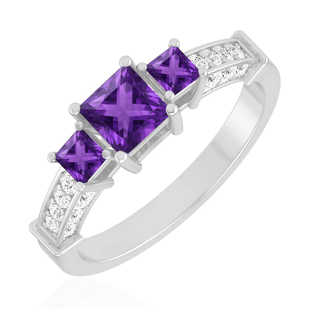 Princess Cut Three-Stone Ring | Sterling Silver Birthstone Ring | Genuine Gemstone & Diamond Studded Ring | Personalized Promise Ring | Gift for Her