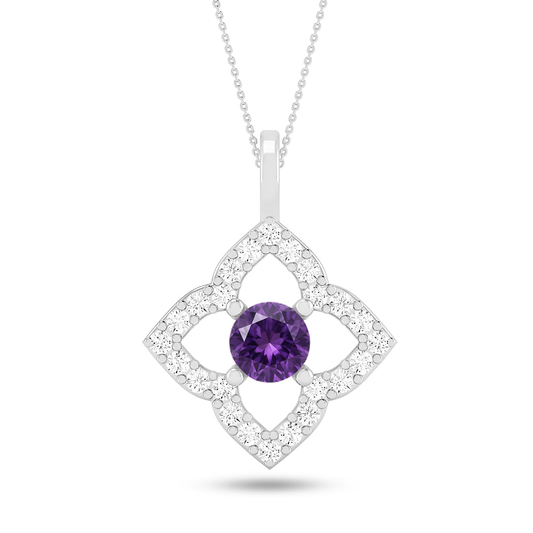 Floral Quatrefoil Halo Pendant | Starburst Pendant | Heart Knot Teardrop Pendant | Sterling Silver Birthstone Necklace | Diamond Accent | Adjustable Chain | 15 Gemstone Choices