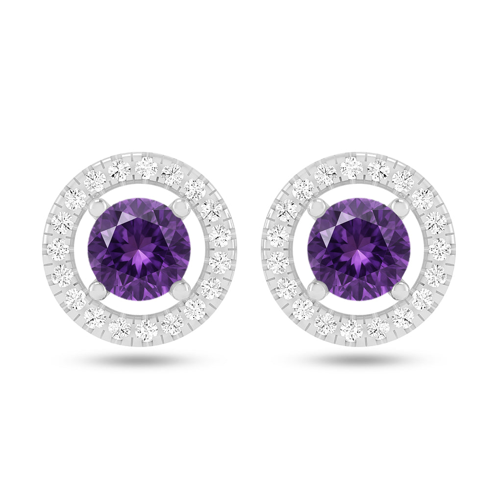 Round Halo Stud Earrings | 925 Sterling Silver Birthstone Stud Earrings | Diamond Accent Gemstone Earrings | 15 Birthstone Options | Gift for Women