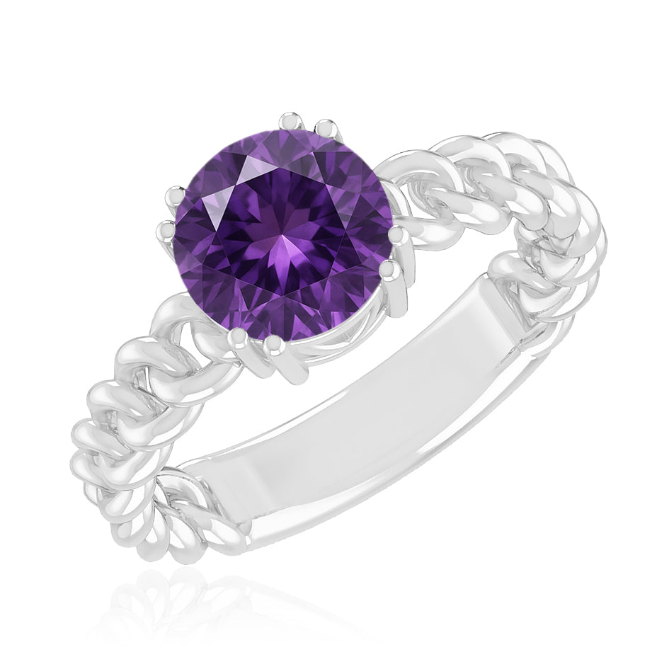 Chain Link Solitaire Ring | Sterling Silver Birthstone Ring | Genuine Gemstone & Diamond Studded Ring | Personalized Promise Ring | Gift for Her