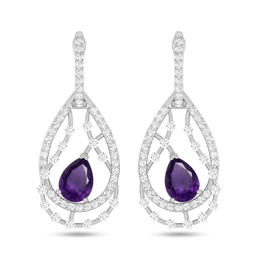 Double Teardrop Halo Drop Earrings | 925 Sterling Silver Birthstone Stud Earrings | Diamond Accent Gemstone Earrings | 15 Birthstone Options | Gift for Women