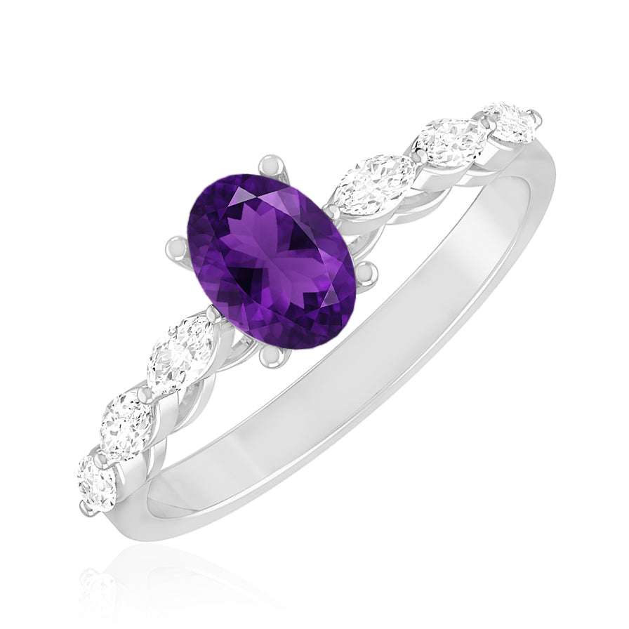 Oval Solitaire Ring with Marquise Diamond Accents | Sterling Silver Birthstone Ring | Genuine Gemstone & Diamond Studded Ring | Personalized Promise Ring | Gift for Her (Copy)