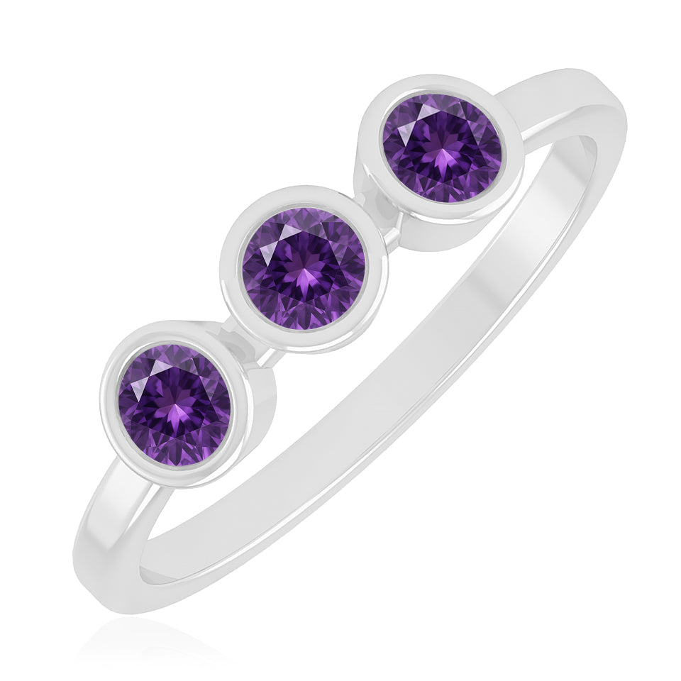Three-Stone Bezel Ring | Sterling Silver Birthstone Ring | Genuine Gemstone & Diamond Studded Ring | Personalized Promise Ring | Gift for Her