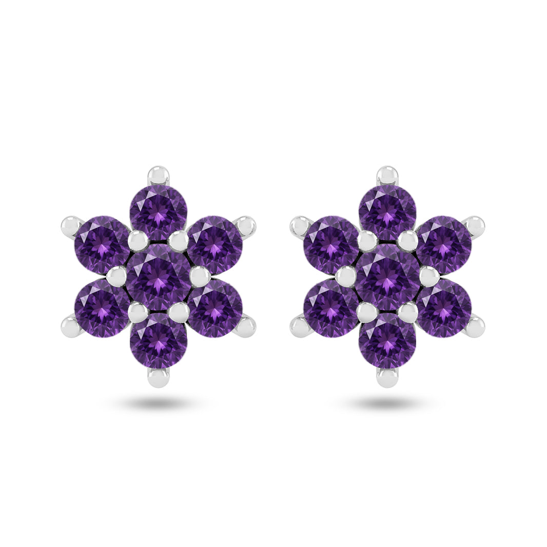 Floral Cluster Stud Earrings | 925 Sterling Silver Birthstone Stud Earrings | Diamond Accent Gemstone Earrings | 15 Birthstone Options | Gift for Women