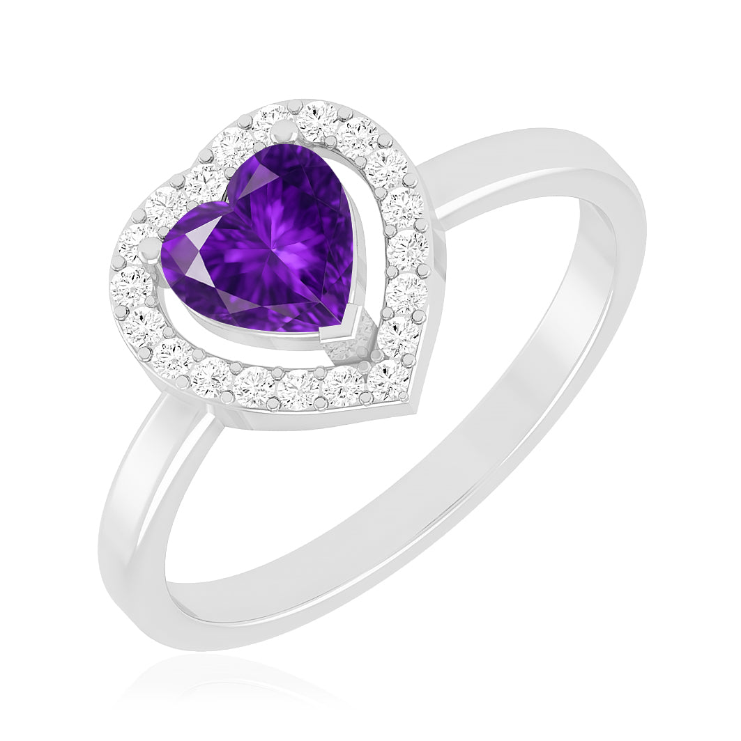Heart Halo Ring | Sterling Silver Birthstone Ring | Genuine Gemstone Studded Ring | Personalized Promise Ring | Gift for Her