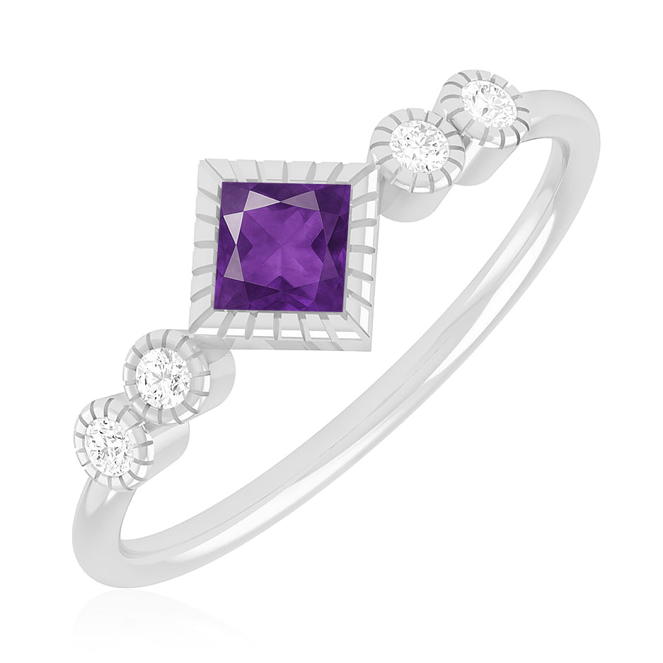 Princess Cut Bezel Three-Stone Ring | Sterling Silver Birthstone Ring | Genuine Gemstone & Diamond Studded Ring | Personalized Promise Ring | Gift for Her