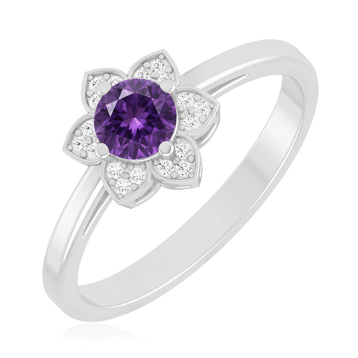 Floral Halo Solitaire Ring | Sterling Silver Birthstone Ring | Genuine Gemstone & Diamond Studded Ring | Personalized Promise Ring | Gift for Her