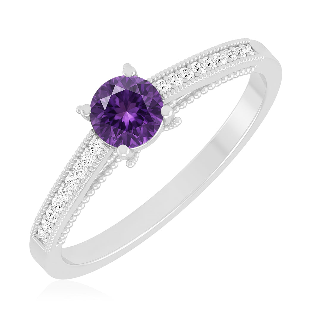 Milgrain Solitaire Ring | Sterling Silver Birthstone Ring | Genuine Gemstone & Diamond Studded Ring | Personalized Promise Ring | Gift for Her