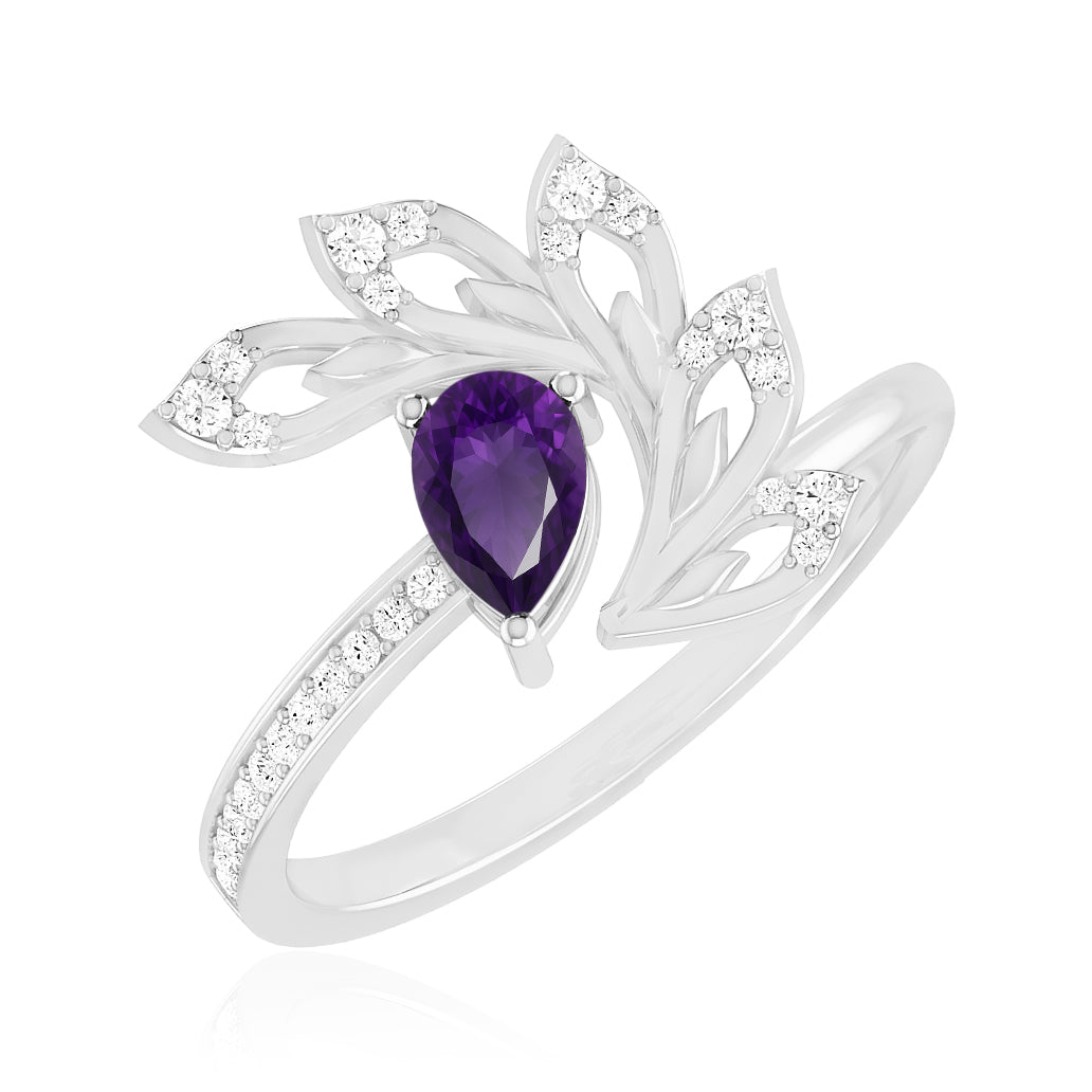 Nature Inspired Leaf Ring | Sterling Silver Birthstone Ring | Genuine Gemstone & Diamond Studded Ring | Personalized Promise Ring | Gift for Her
