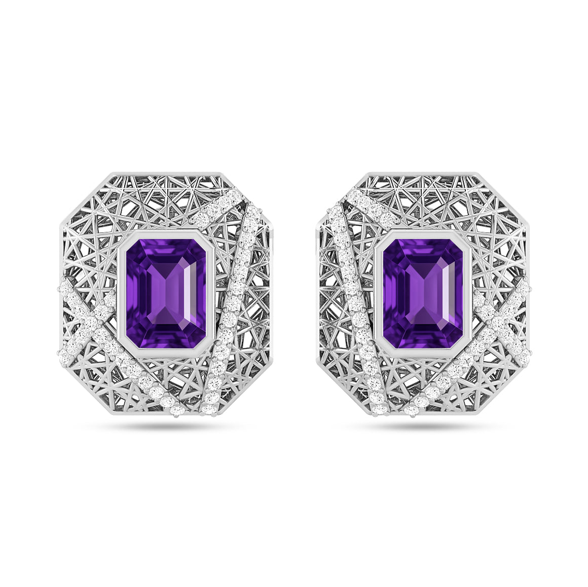 Art Deco Geometric Stud Earrings | 925 Sterling Silver Birthstone Stud Earrings | Diamond Accent Gemstone Earrings | 15 Birthstone Options | Gift for Women