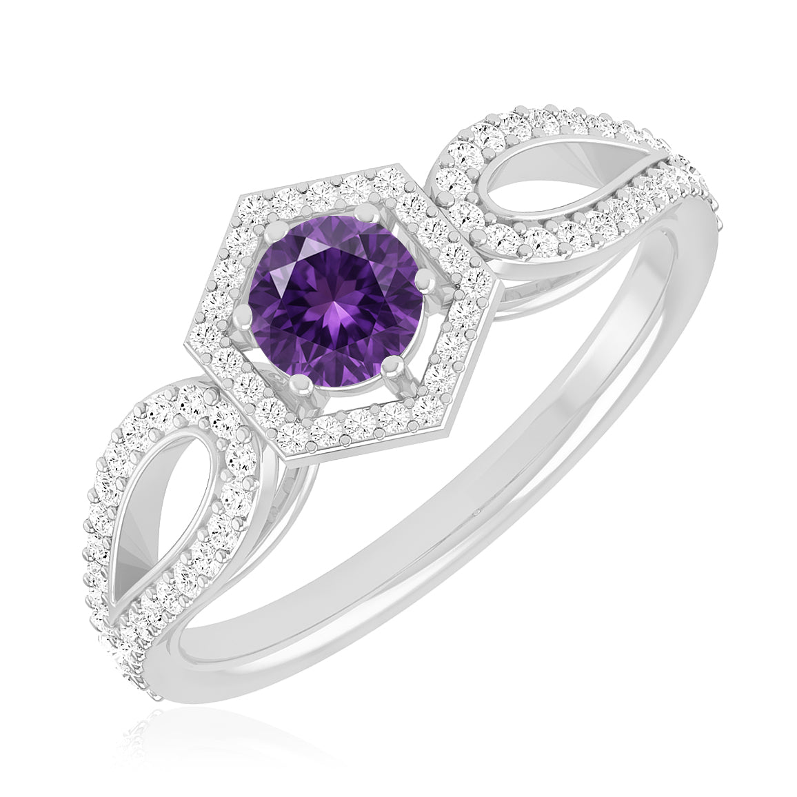 Hexagon Halo Solitaire Ring | Sterling Silver Birthstone Ring | Genuine Gemstone & Diamond Studded Ring | Personalized Promise Ring | Gift for Her