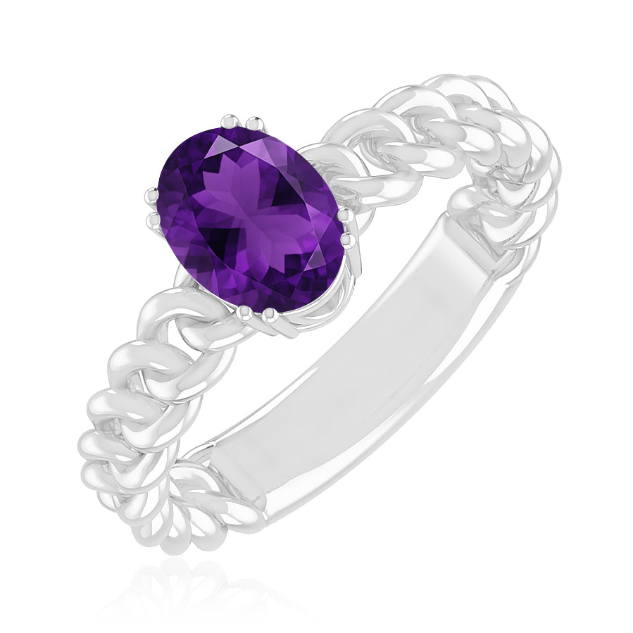 Chain Link Solitaire Ring | Sterling Silver Birthstone Ring | Genuine Gemstone Studded Ring | Personalized Promise Ring | Gift for Her